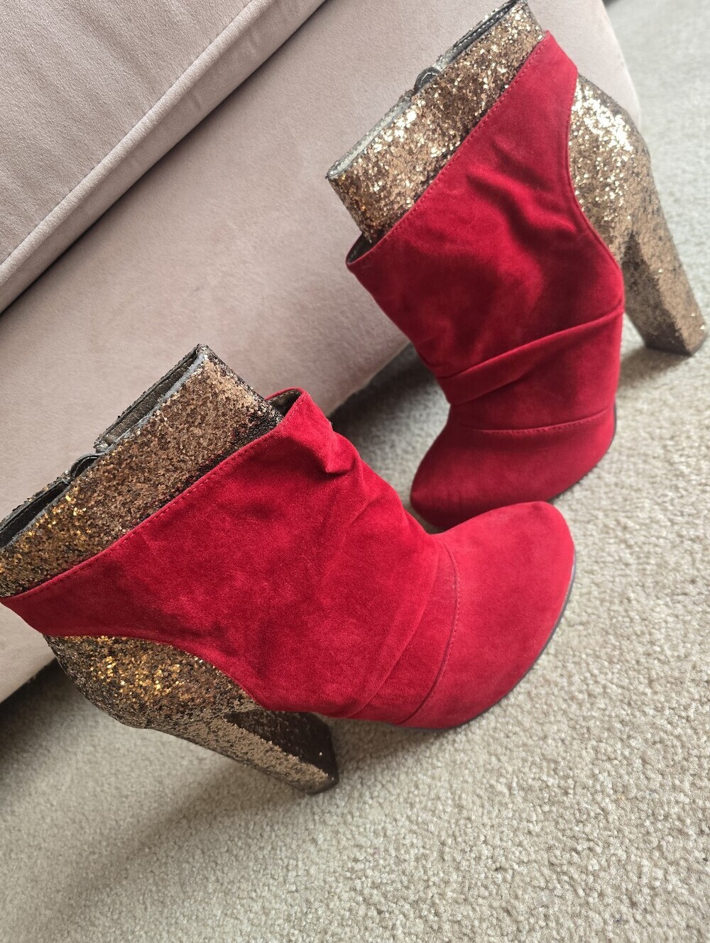 17. Michael Antonio Mills Red Velvet and Glitter Heeled Ankle Boots Womens 10